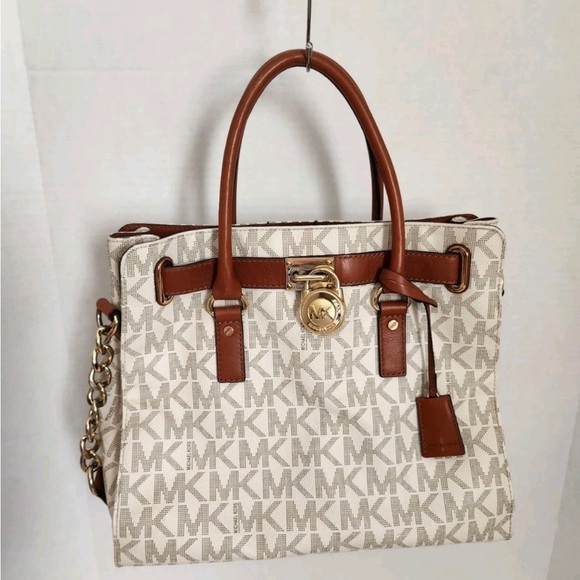 Michael Kors Handbags - Michael Kors Beige/Acorn Signature Hamilton Tote with Gold Hardware